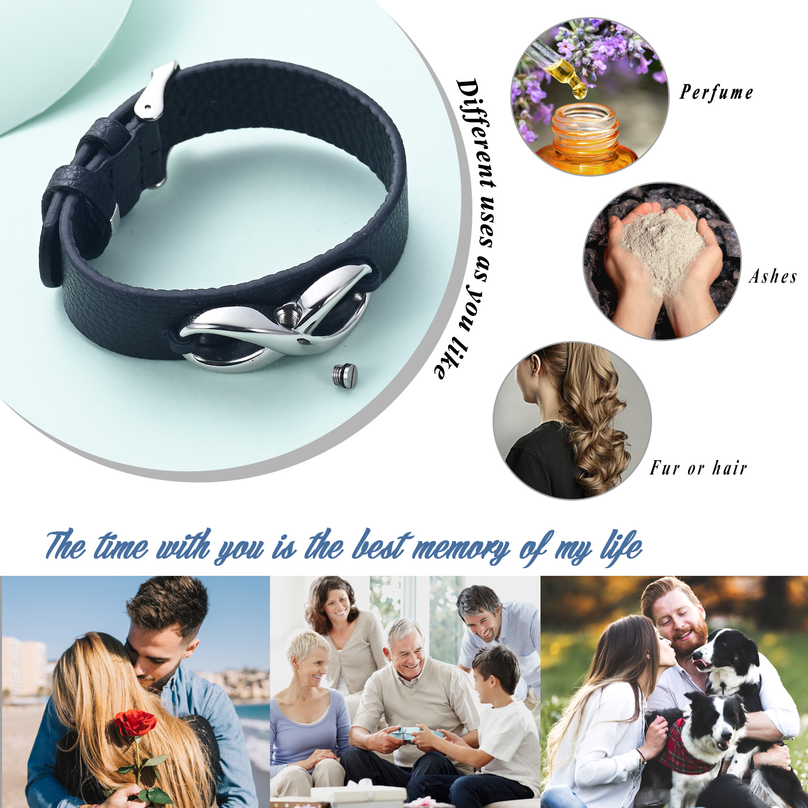 Men's Cremation Bracelet Infinity Urn Bracelet for Ashes Genuine Leather Bangle - Picture 14 of 37