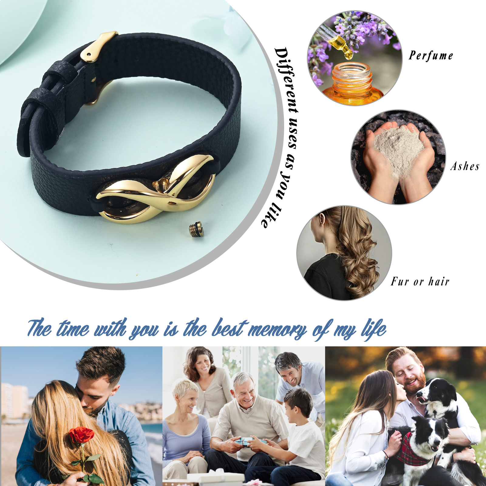 Men's Cremation Bracelet Infinity Urn Bracelet for Ashes Genuine Leather Bangle - Picture 28 of 37