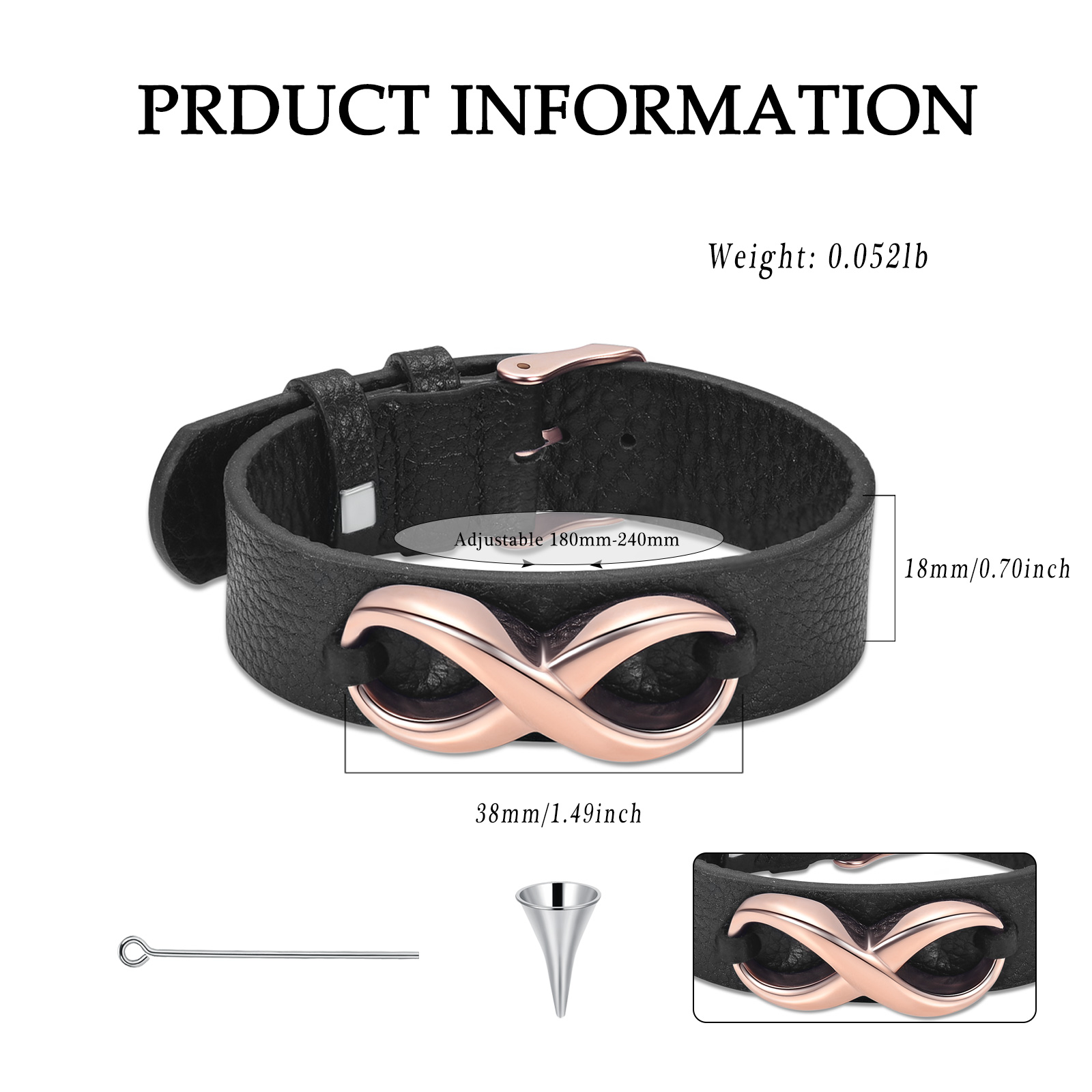 Men's Cremation Bracelet Infinity Urn Bracelet for Ashes Genuine Leather Bangle - Picture 33 of 37