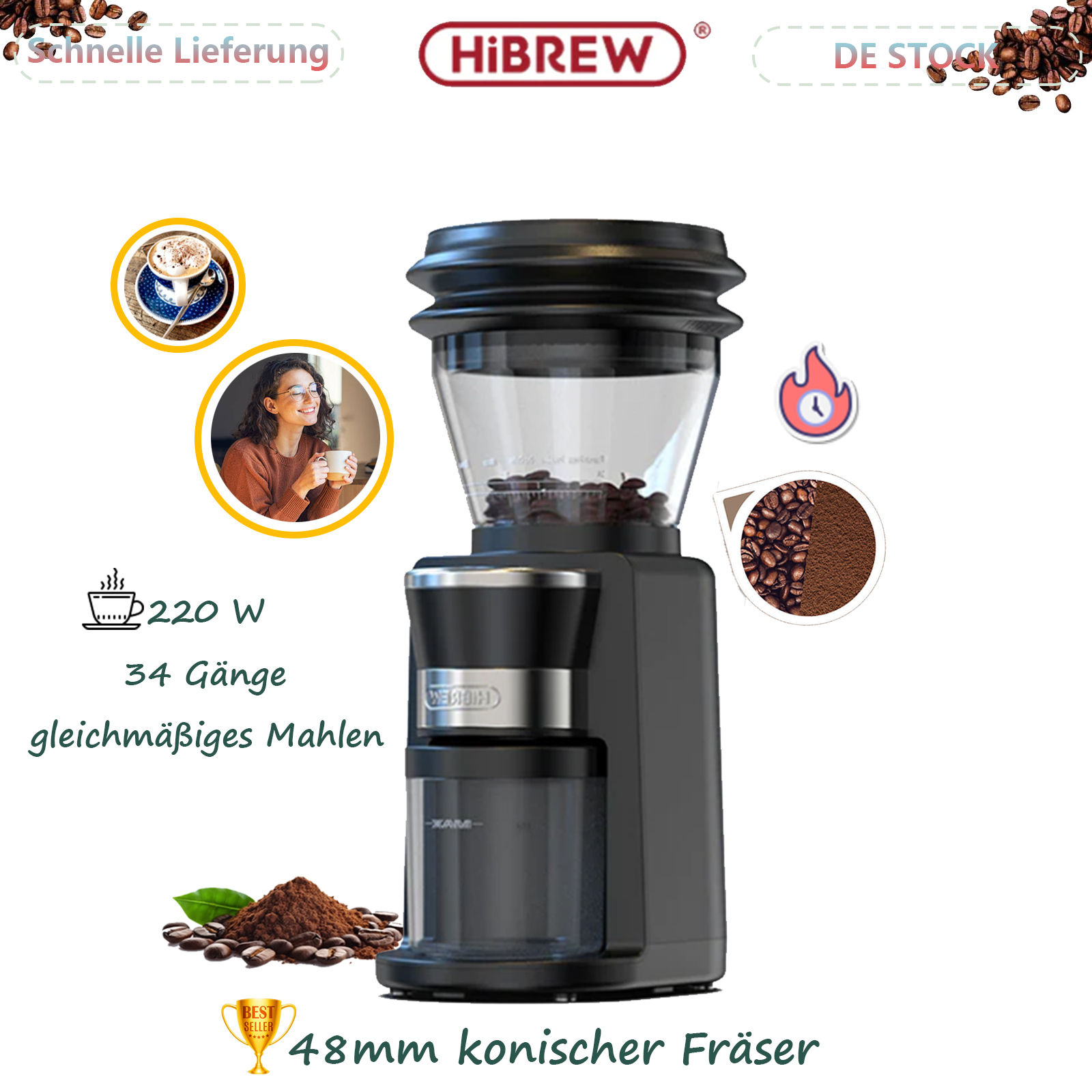 HiBREW G3/G5 Kegelmahlwerk Espresso elektrisch Kaffeemühle für Kaffeemaschine