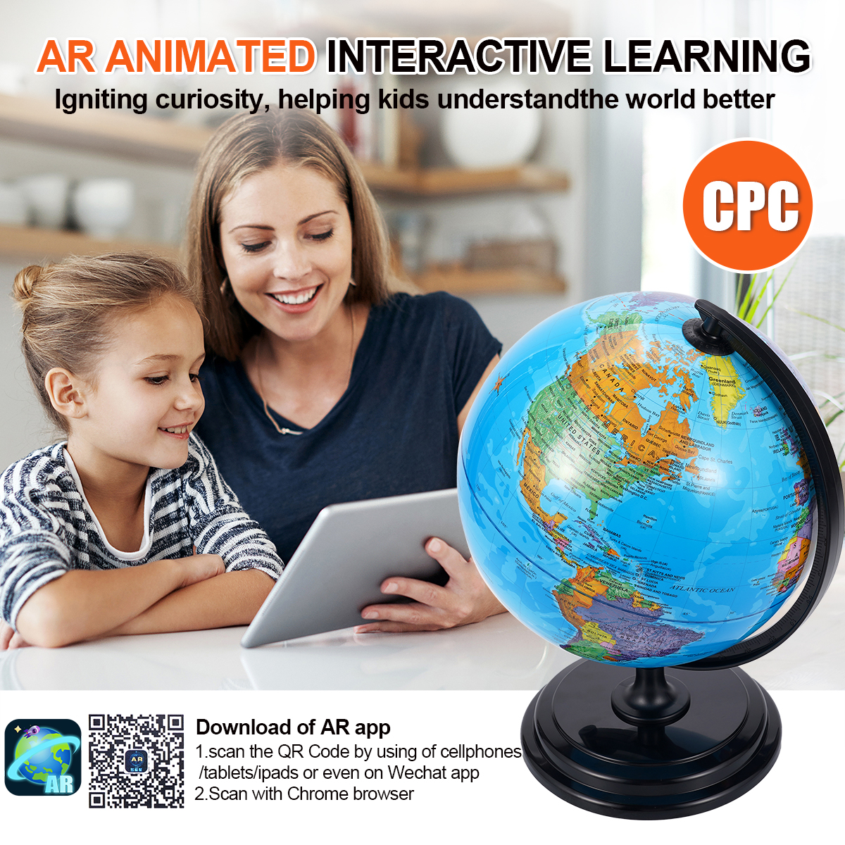 3D AR Large World Globe on Stand Rotating World Map Illuminated Night Lamp Gift