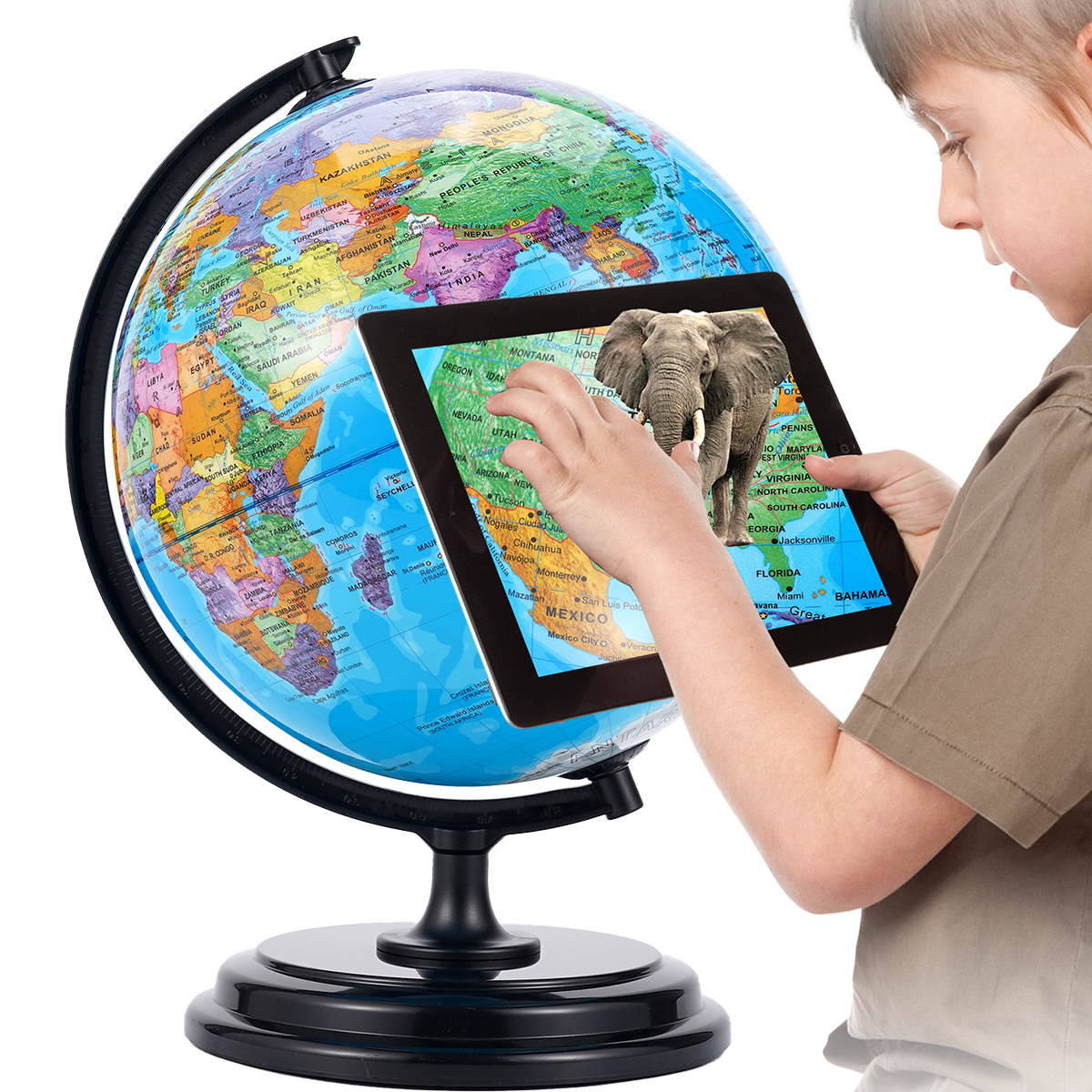 3D AR Large World Globe Metal Stand Rotating World Map Illuminated Night Lamp