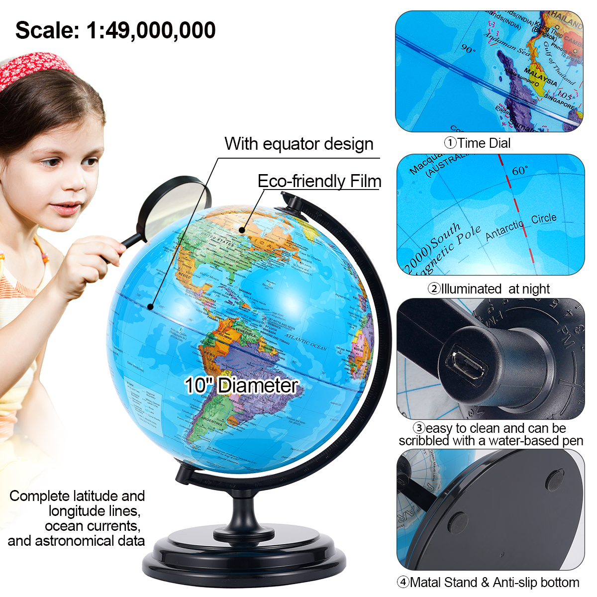 3D AR Large World Globe on Stand Rotating World Map Illuminated Night Lamp Gift