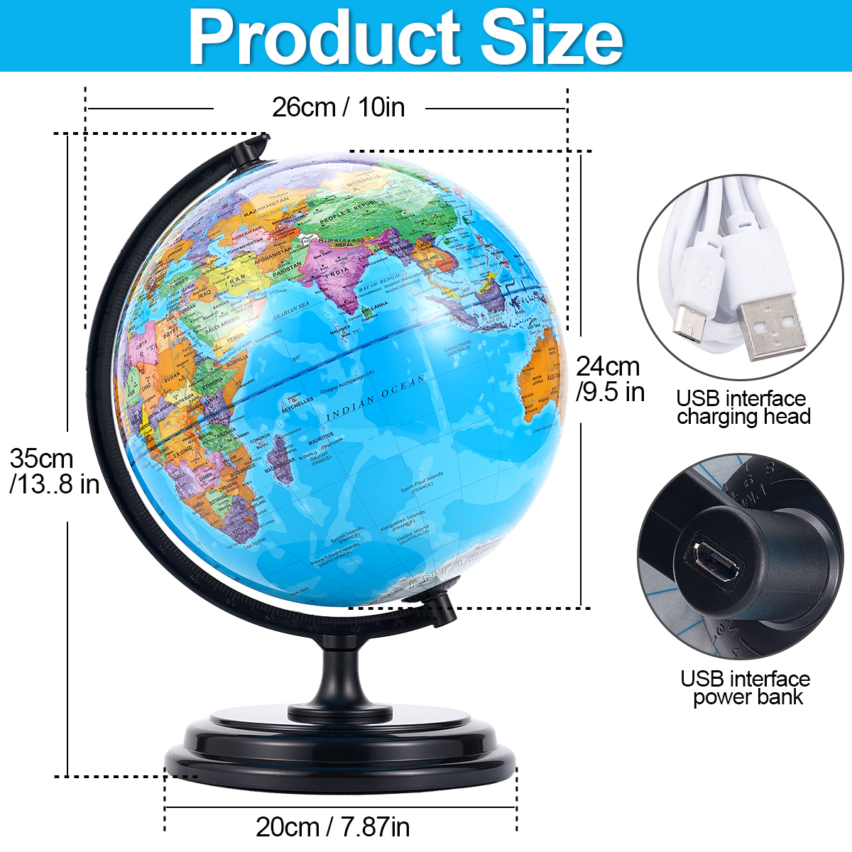 3D AR Large World Globe on Stand Rotating World Map Illuminated Night Lamp Gift