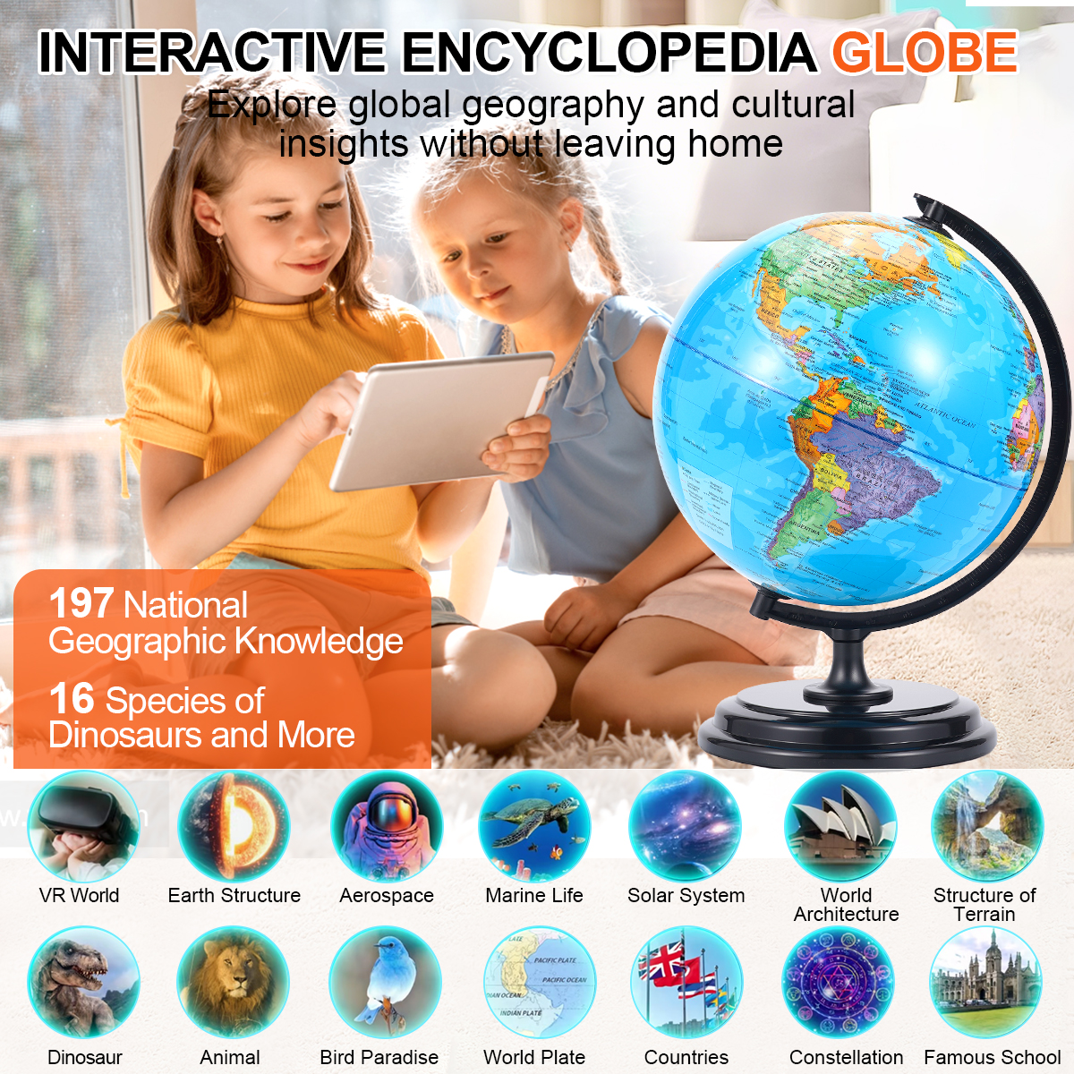 3D AR Large World Globe on Stand Rotating World Map Illuminated Night Lamp Gift