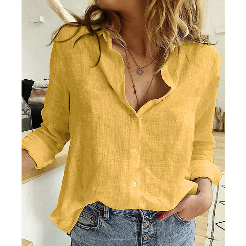 New Womens Cotton Linen Plain Blouse Tops Ladies Baggy Long Sleeve T-Shirt - Picture 17 of 18