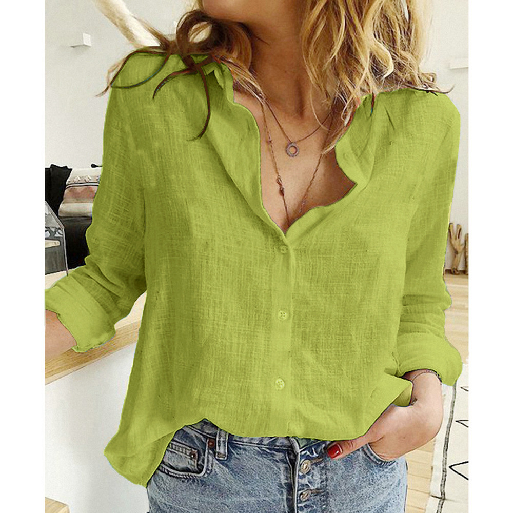 New Womens Cotton Linen Plain Blouse Tops Ladies Baggy Long Sleeve T-Shirt - Picture 15 of 18