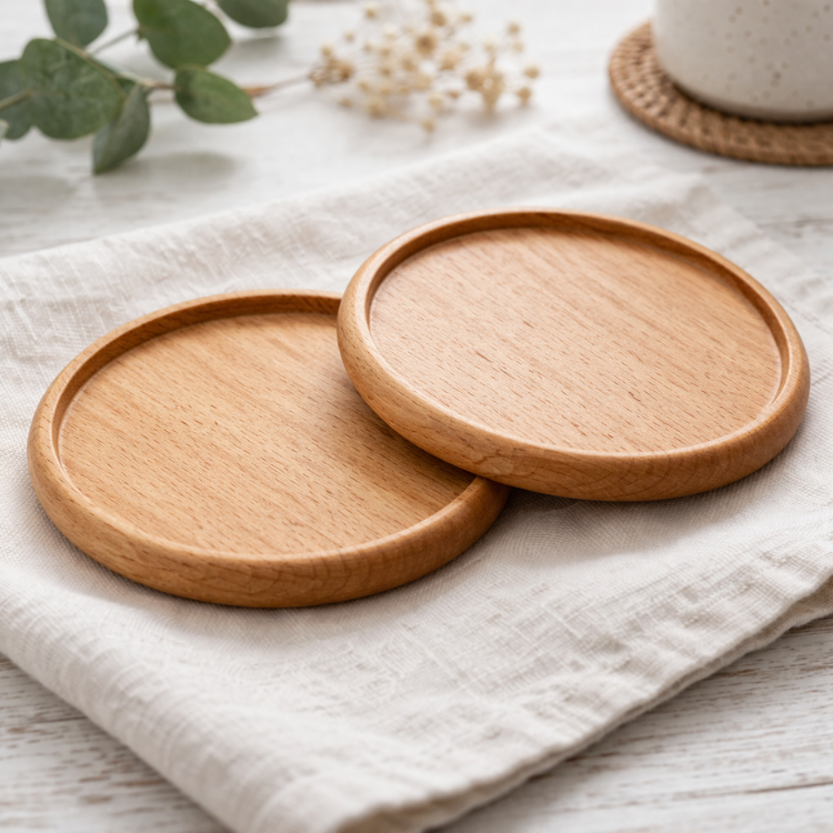 2pcs Style Solid Wood Coasters &ndash; Round Wooden Drink Mats &ndash; Rustic Table D&eacute;cor