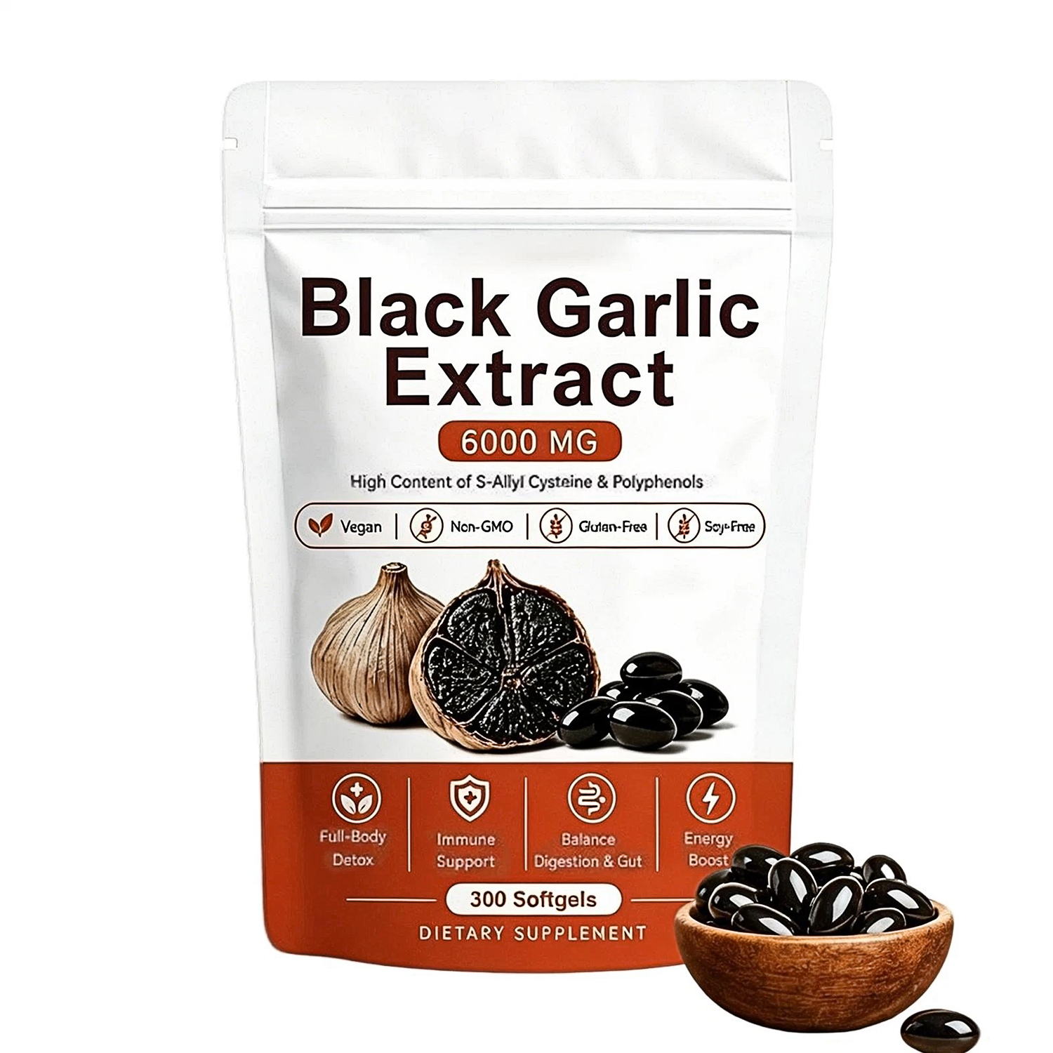 Black Garlic Extract Softgels 300ct, Odorless Vegan Non-GMO Supplement