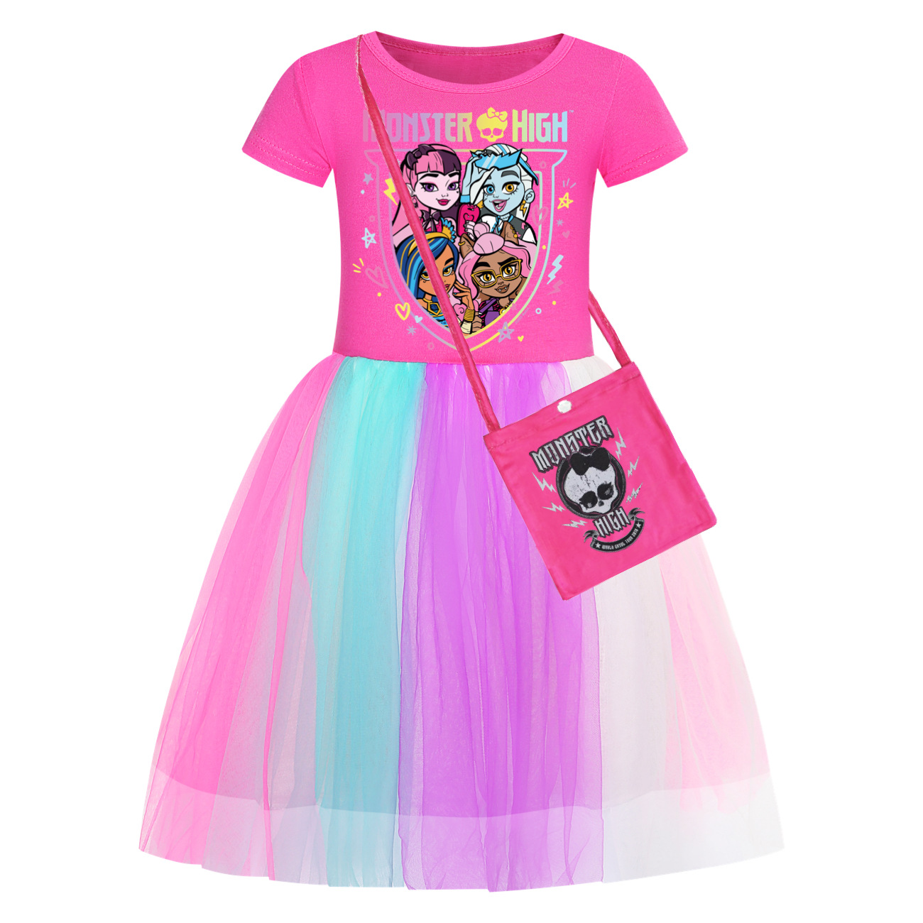 Kids Girls Monster High Dress Rainbow Dress Mesh Party Princess Tutu Skirt Gift - Picture 21 of 30
