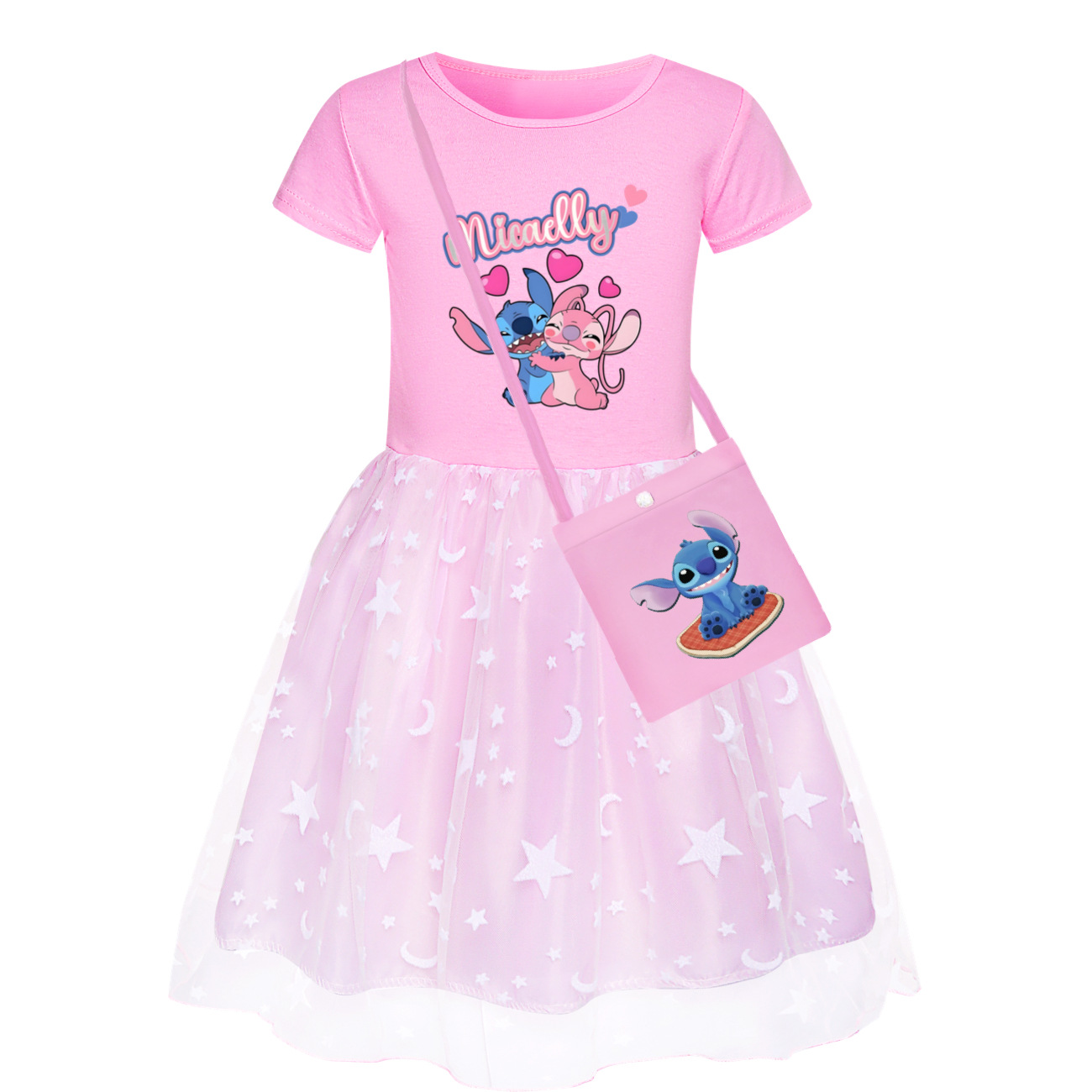 Girls Lilo Stitch Dress Rainbow Mesh Party Princess with Bag Tutu Skirt Gifts - Picture 16 of 30