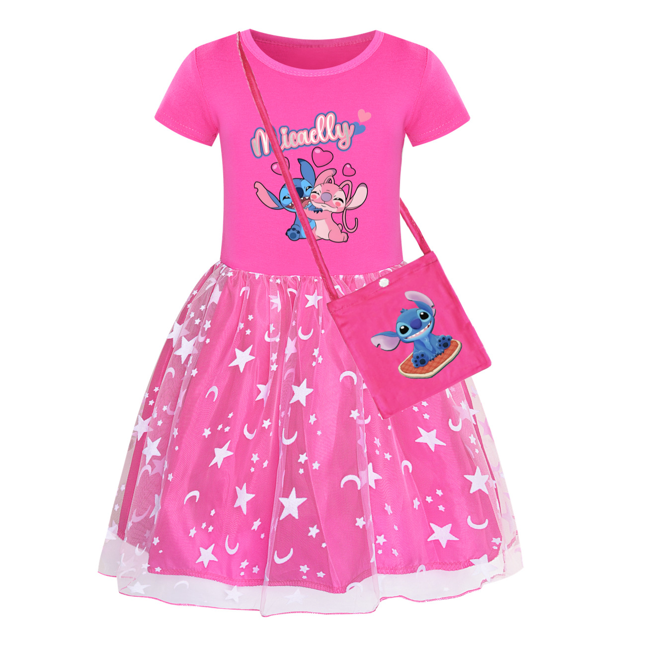 Girls Lilo Stitch Dress Rainbow Mesh Party Princess with Bag Tutu Skirt Gifts - Picture 18 of 30