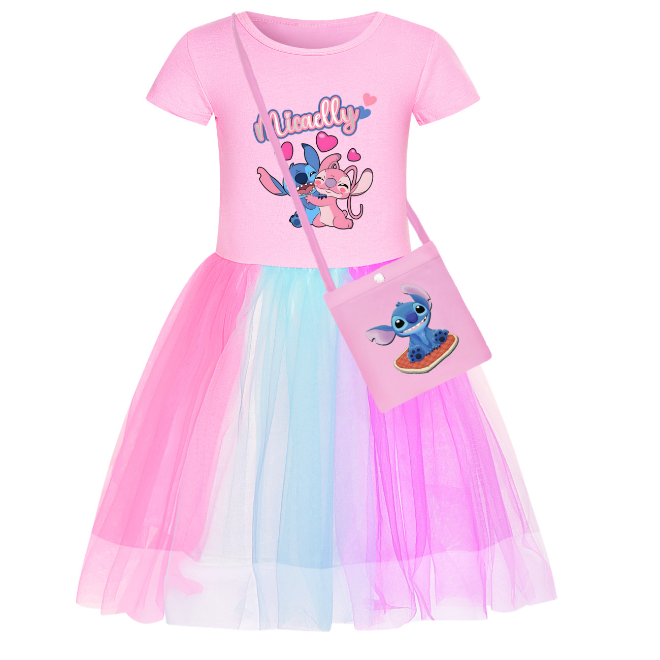 Girls Lilo Stitch Dress Rainbow Mesh Party Princess with Bag Tutu Skirt Gifts - Picture 19 of 30