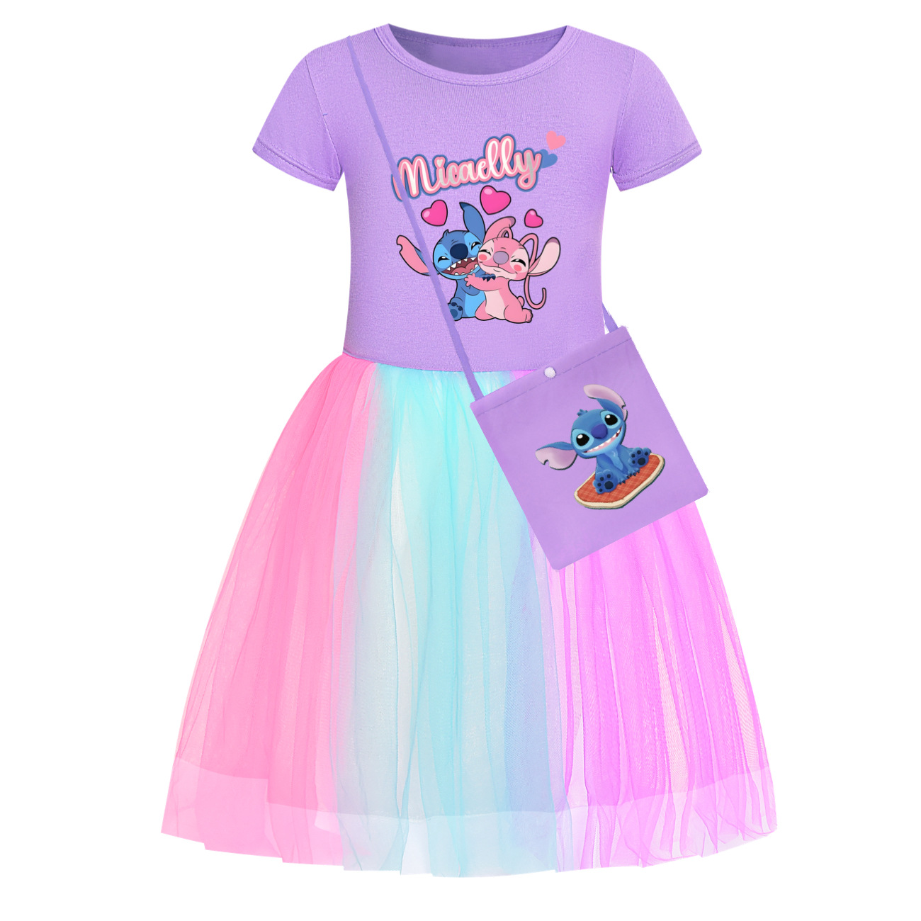 Girls Lilo Stitch Dress Rainbow Mesh Party Princess with Bag Tutu Skirt Gifts - Picture 20 of 30