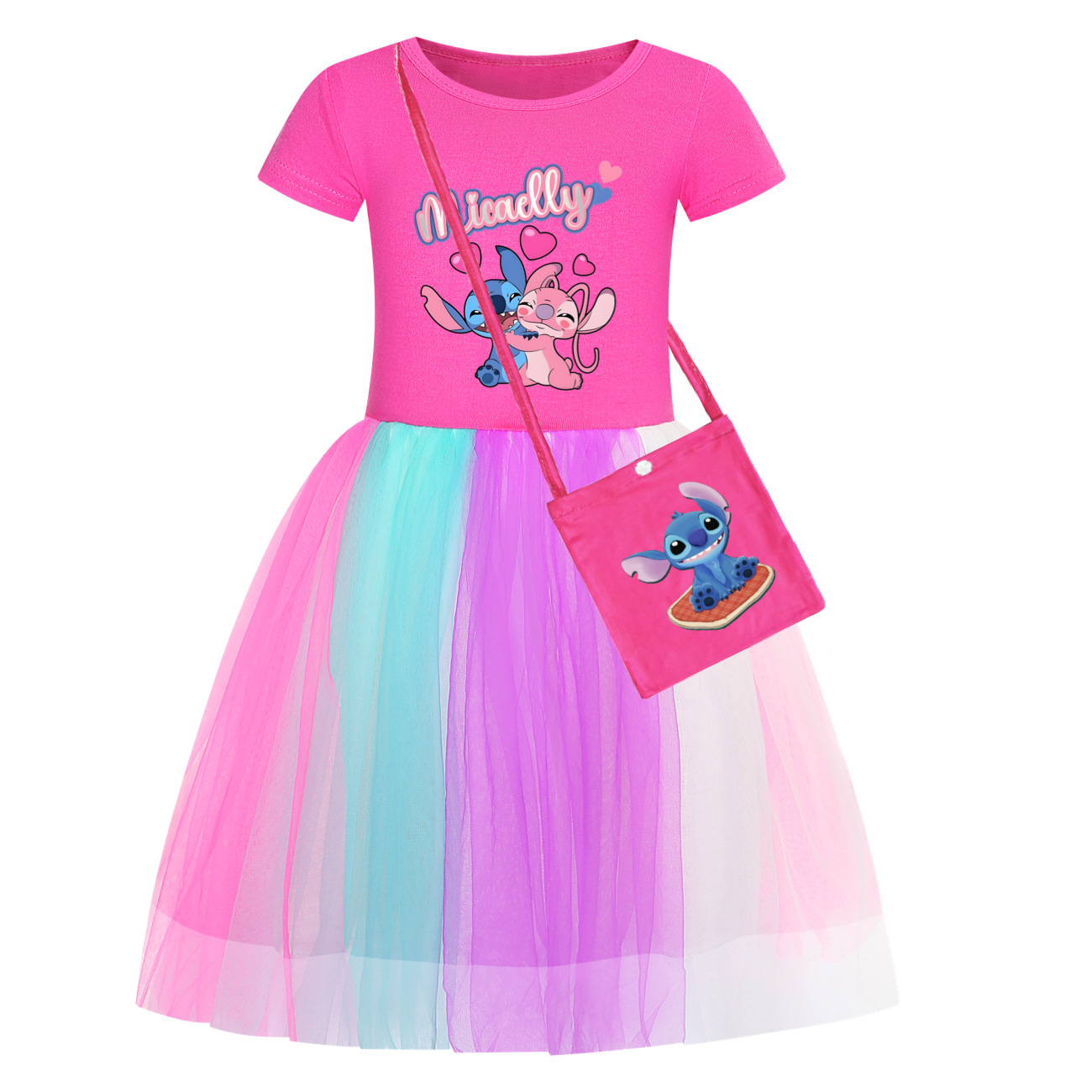 Girls Lilo Stitch Dress Rainbow Mesh Party Princess with Bag Tutu Skirt Gifts - Picture 21 of 30