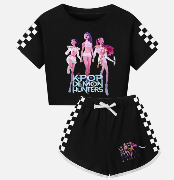 Kids Girls KPop Demon Hunters Tracksuit Cosplay Costume Crop Top Tee+Shorts Sets - Picture 10 of 11