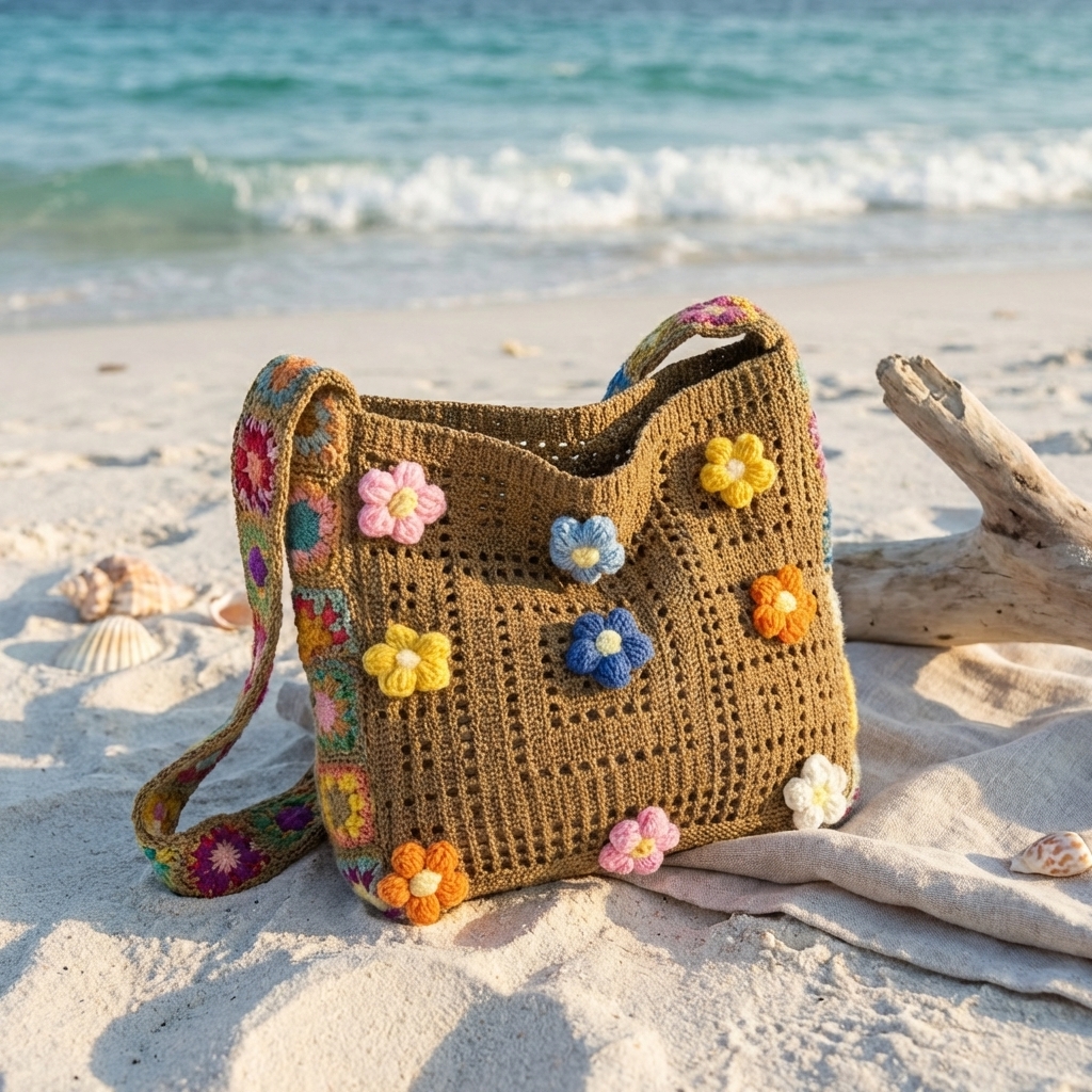 Women Crochet Tote Bag Cute Flower Beige Boho Crossbody Bag for Daily Leisure