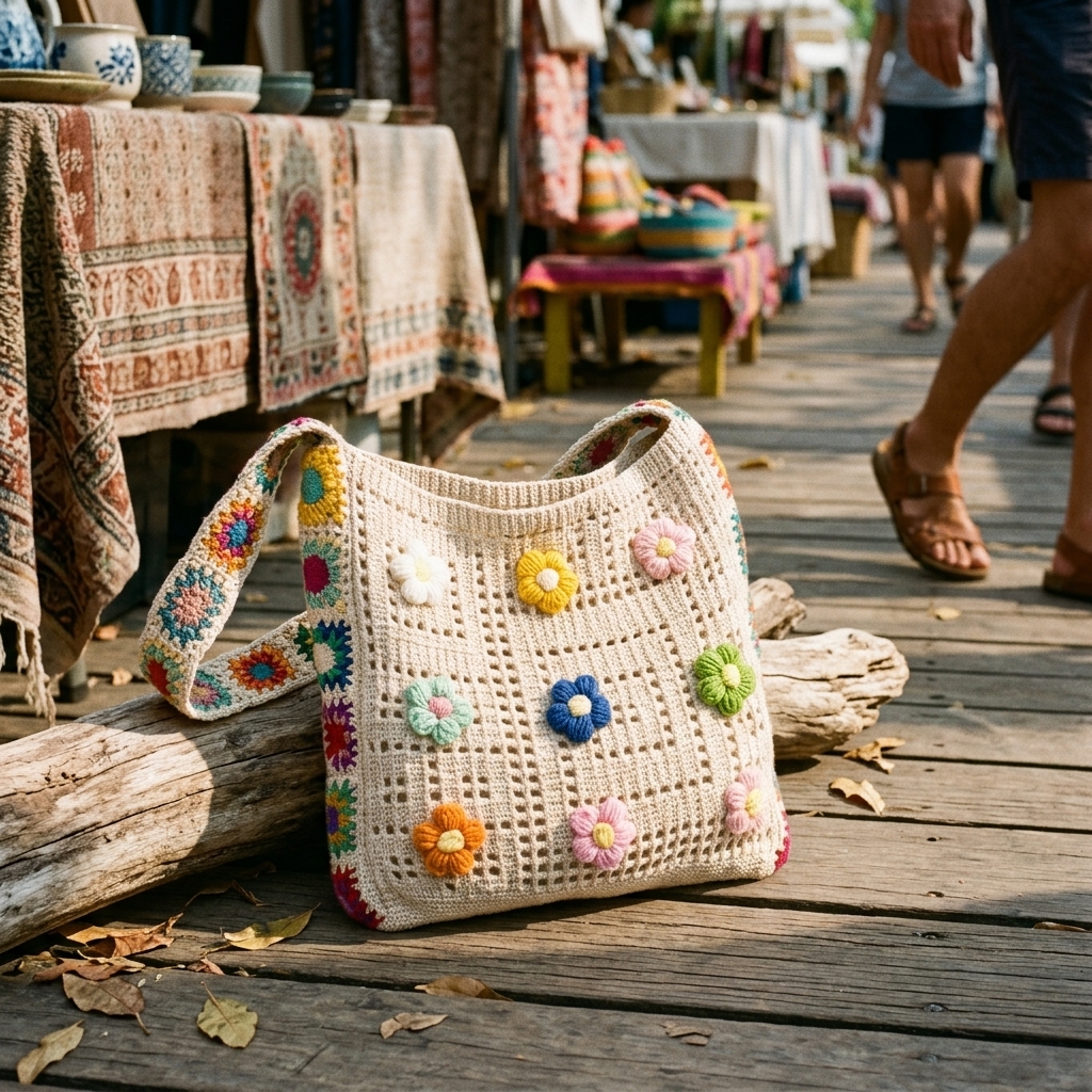 Flower Applique Crochet Bag Women Colorful Knit Crossbody Shoulder Purse