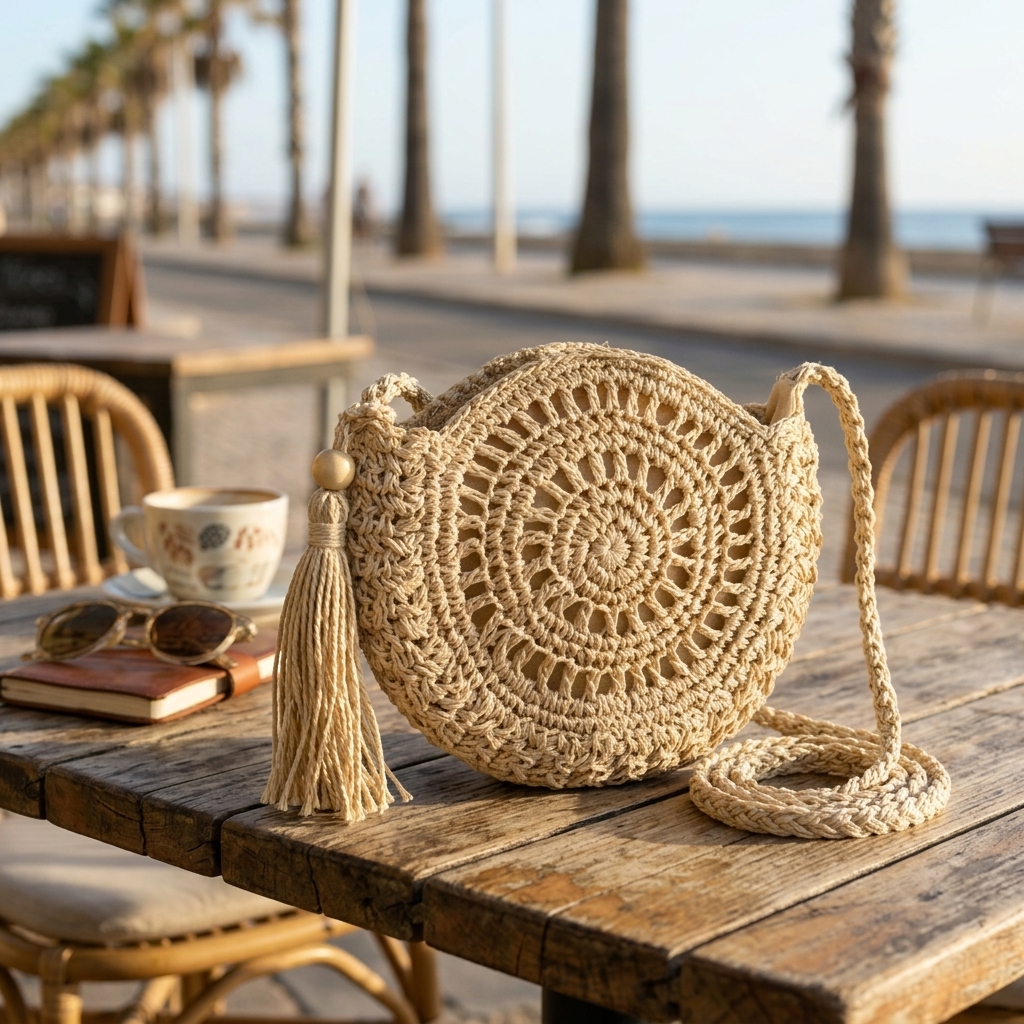 Handmade Crochet Straw Crossbody Bag, Round Woven Tassel Shoulder Bag for Beach
