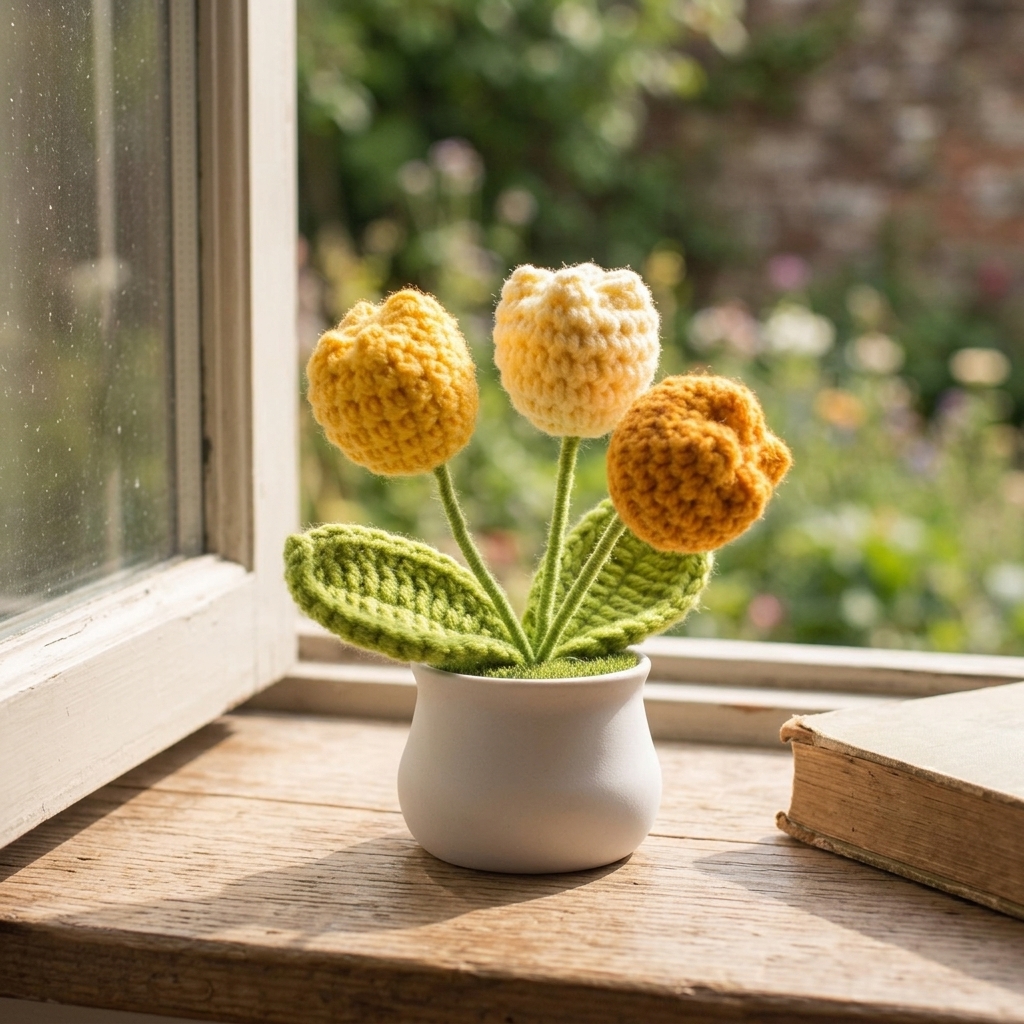 Cute Handmade Crochet Tulip Potted Flower Desk Decor
