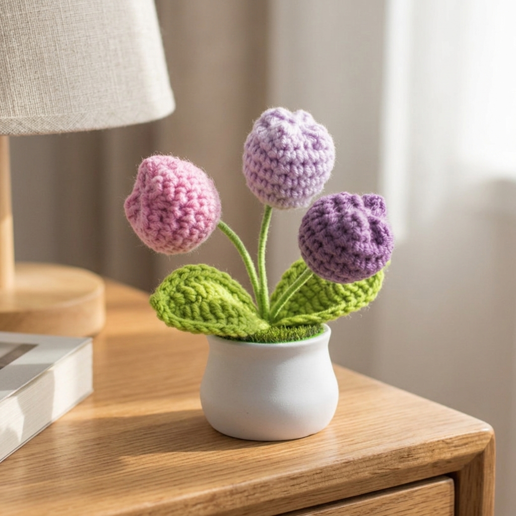Hand Knitted 3 Heads Tulip Potted Plant Crochet Flower Decor Cute Desktop