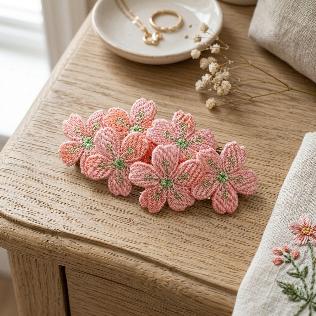 Cherry Blossom Flower Embroidered Hair Barrette 1pc Sweet Hair Accessory