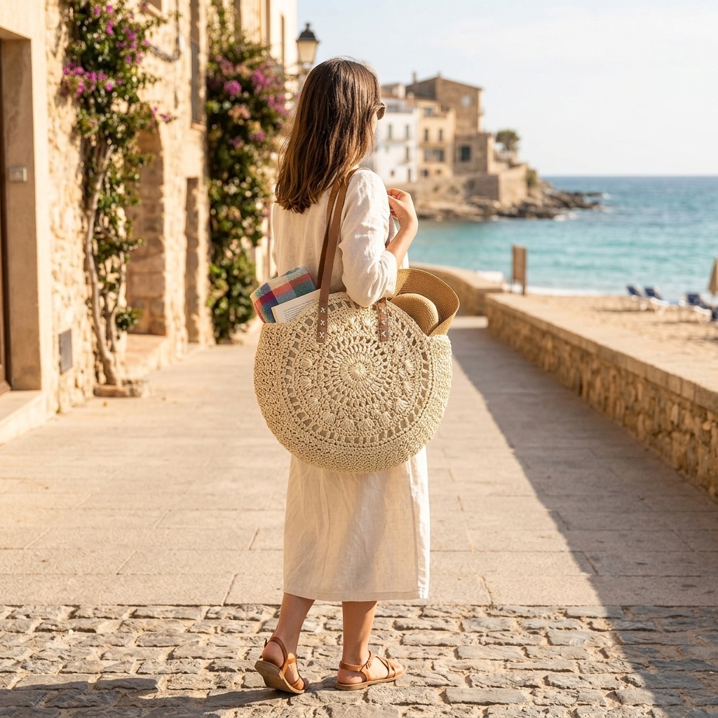 Handmade Woven Round Crochet Tote Bag Summer Vacation Beach Shoulder Bag