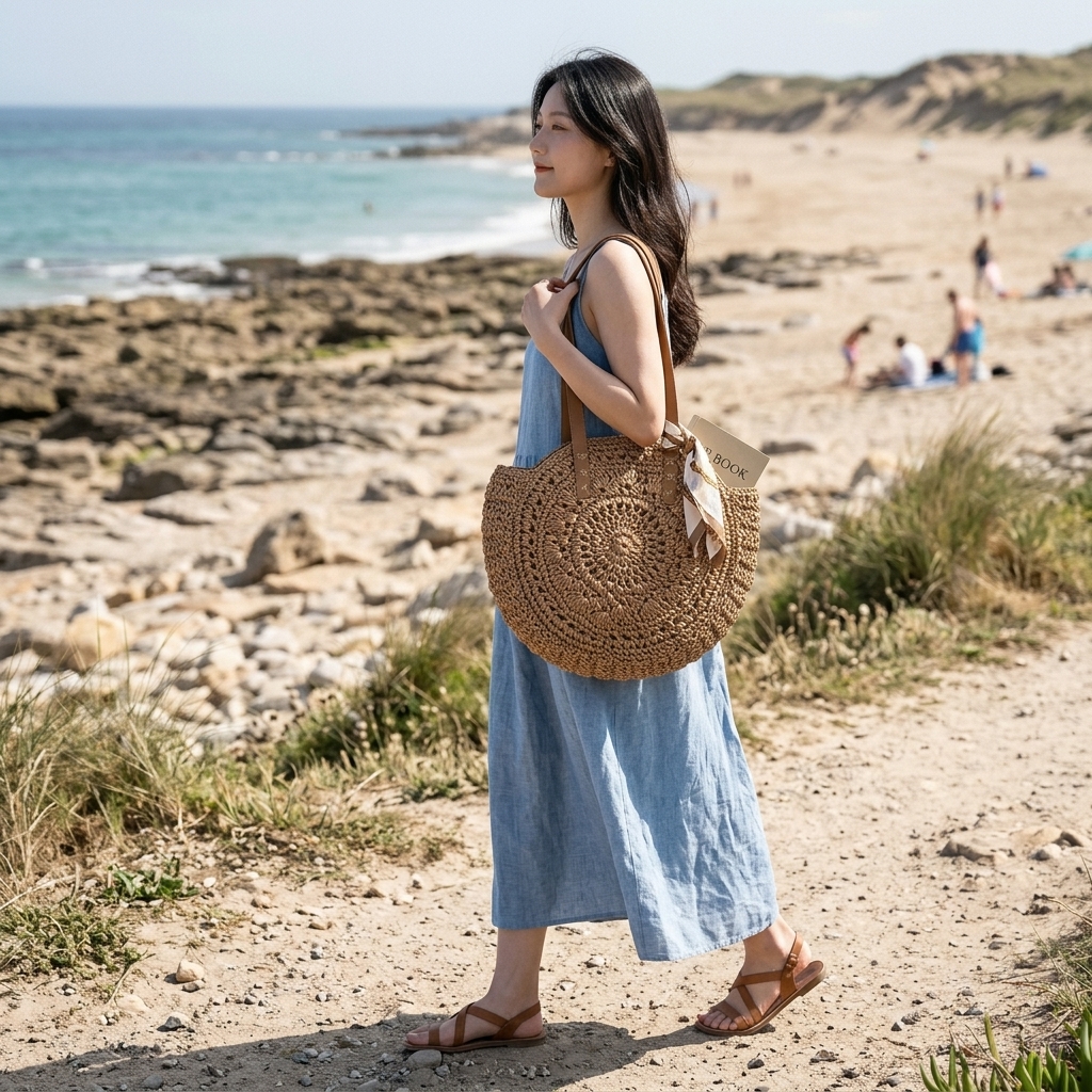 2 Styles Large Round Straw Tote Bag, Fashion Paper Woven Beach Bag