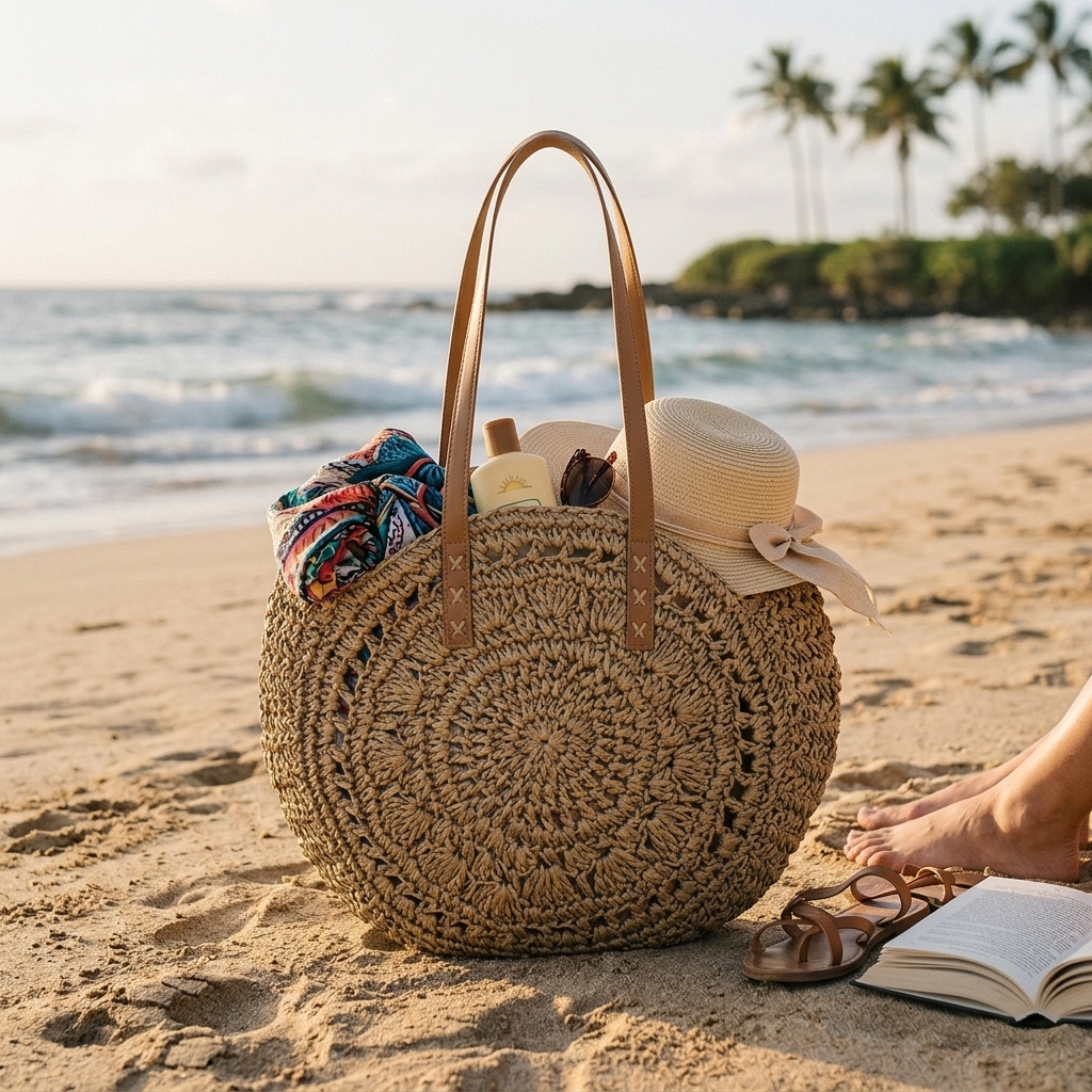 Round Woven Tote Bag Openwork Sunburst Shoulder Bag for Summer