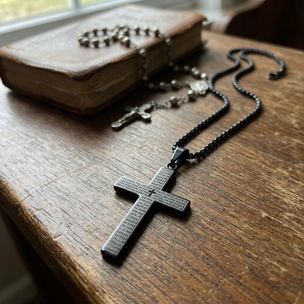 Men’s Stainless Steel Lord’s Prayer Cross Pendant Religious Necklace
