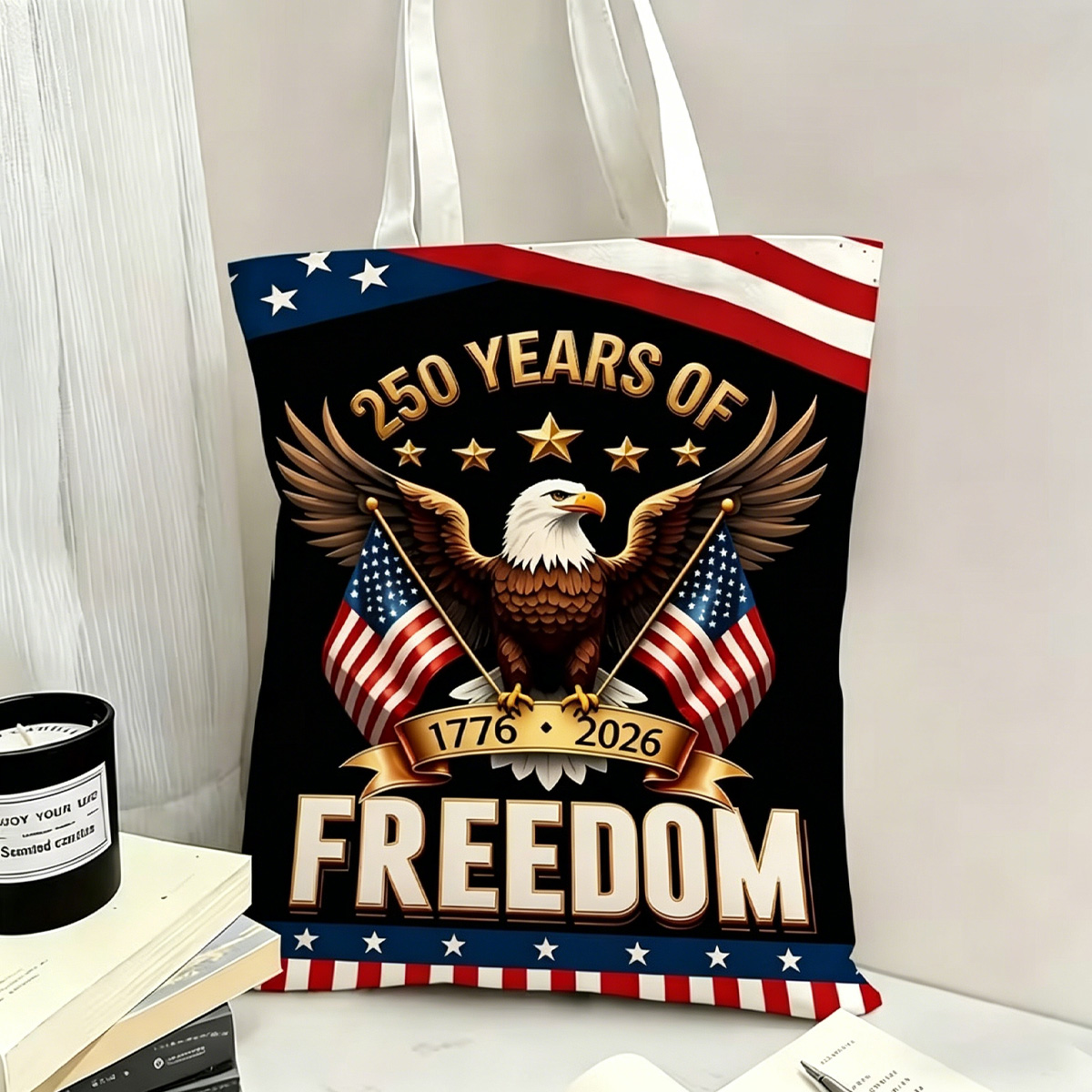 Patriotic America Canvas Tote Bag, 250th Anniversary Print Shoulder Bag
