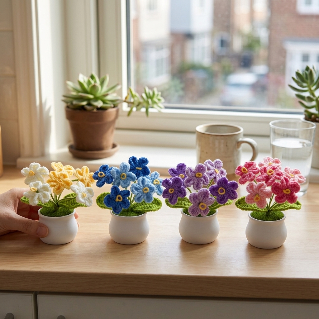 Handmade Crochet Potted Flower Forget Me Not Lily of the Valley Multi Colors