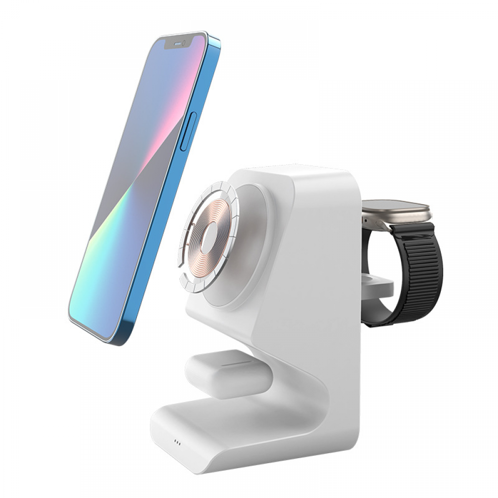 thumbnail image 1 of Soporte cargador inalámbrico magnético 3 en 1 compatible con iPhone/AirPods/i-Watch, carga rápida, diseño que ahorra espacio, 1 of 6