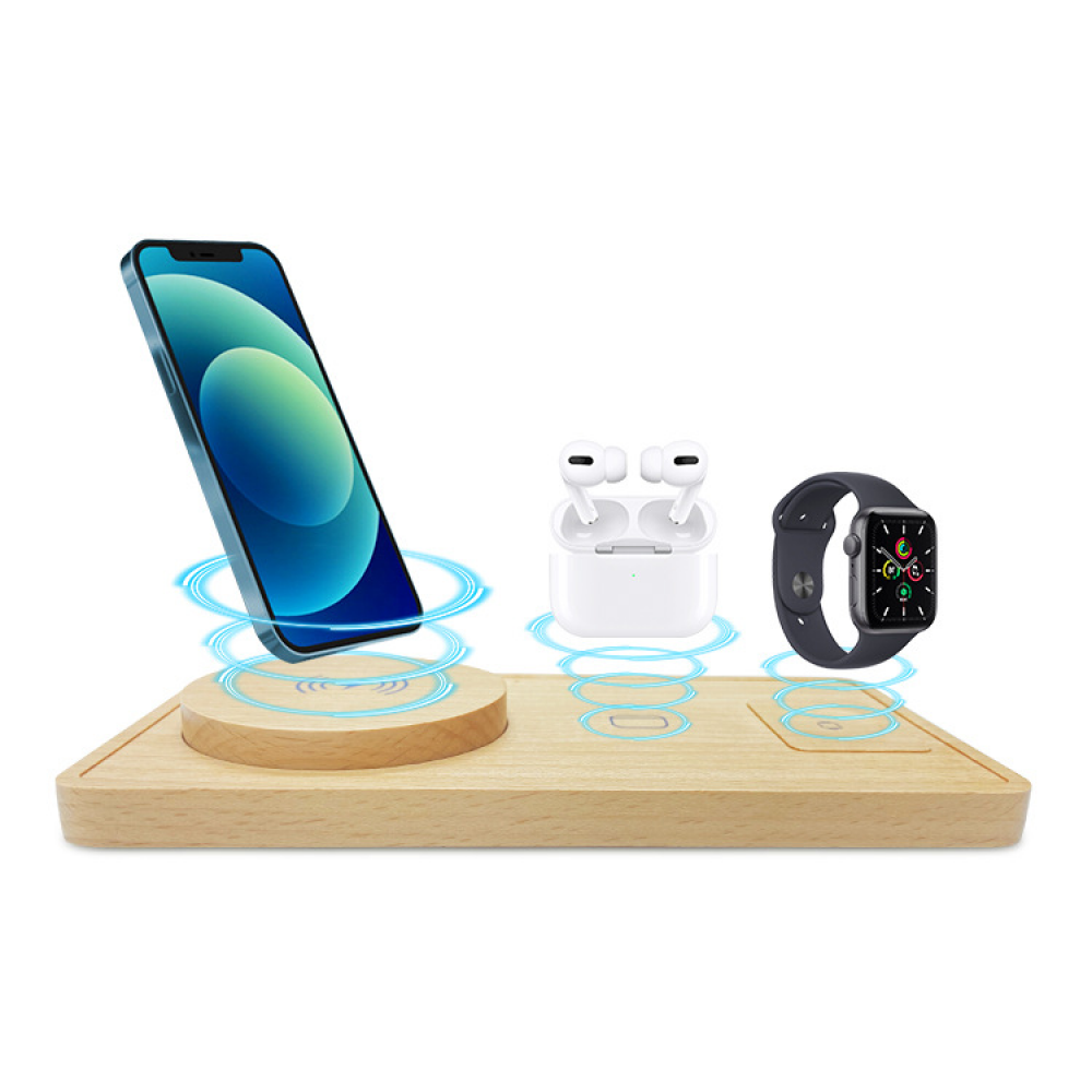 thumbnail image 1 of Cargador inalámbrico 3 en 1: base de carga rápida para teléfono, reloj y auriculares; diseño ultrafino de bambú; compatible con múltiples dispositivos; ideal para el hogar, la oficina y los viajes, 1 of 8