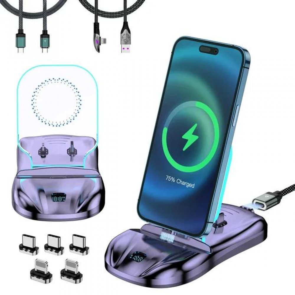 thumbnail image 1 of Estación de carga magnética 3 en 1 Cargador rápido de 100 W con USB-C y cable para iPhone, soporte para teléfono, base de carga inalámbrica, 1 of 6