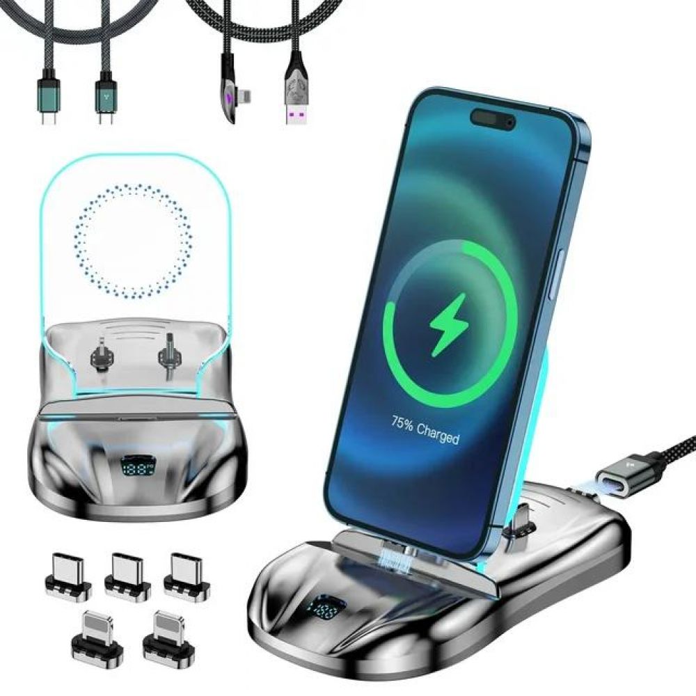 thumbnail image 1 of Estación de carga magnética 3 en 1 Cargador rápido de 100 W con USB-C y cable para iPhone, soporte para teléfono, base de carga inalámbrica, 1 of 6