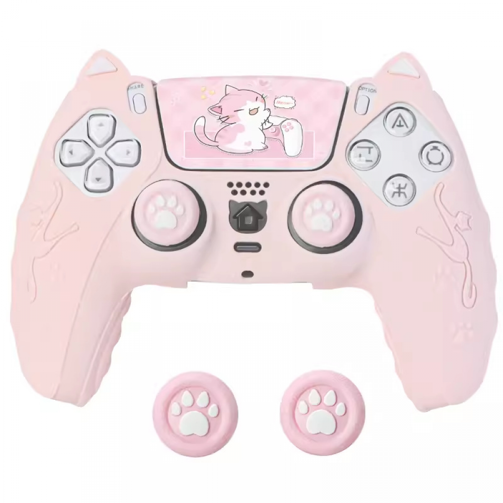 thumbnail image 1 of Funda protectora de silicona para mando de PS5, funda protectora con orejas de gato y tapa para joystick, 1 of 6