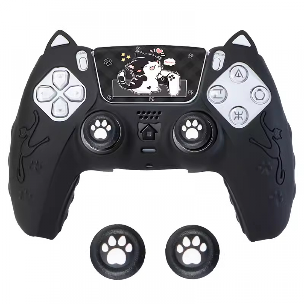 thumbnail image 1 of Funda protectora de silicona para mando de PS5, funda protectora con orejas de gato y tapa para joystick, 1 of 6