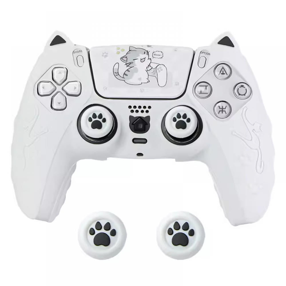 thumbnail image 1 of Funda protectora de silicona para mando de PS5, funda protectora con orejas de gato y tapa para joystick, 1 of 6