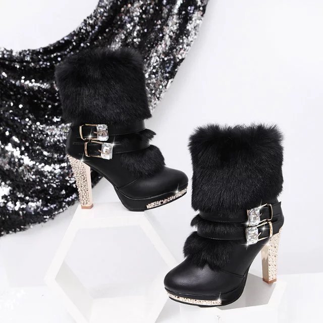 Women Plush Faux Fur Ankle Boots Platform Zip Up Buckle