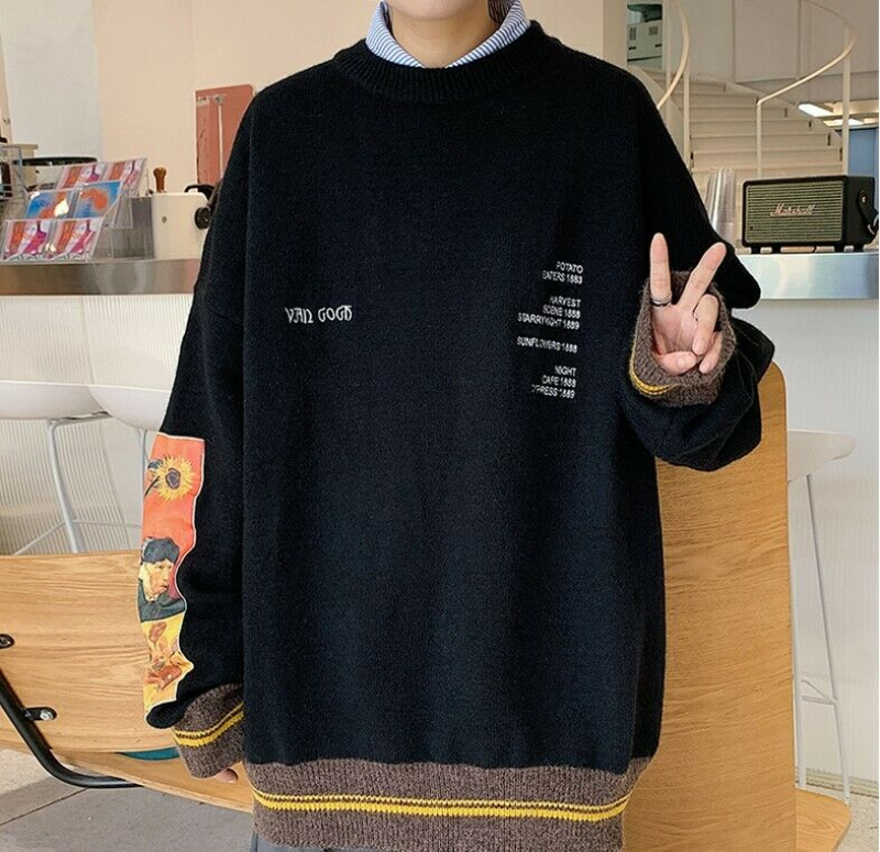 Men Pullover Sweater Van Gogh Painting Embroidery Knitted Black Retro ...