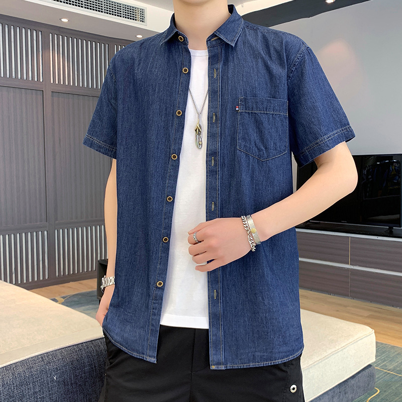 Mens Denim Shirts Slim Fit Short Sleeves Washed Jeans Cotton Casual Shirts Tops