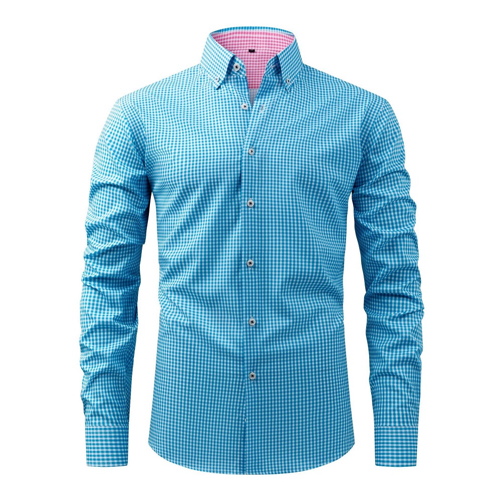 Camisas de vestir a cuadros estampadas formales de negocios mangas largas elásticas informales para hombre - Imagen 12 de 19
