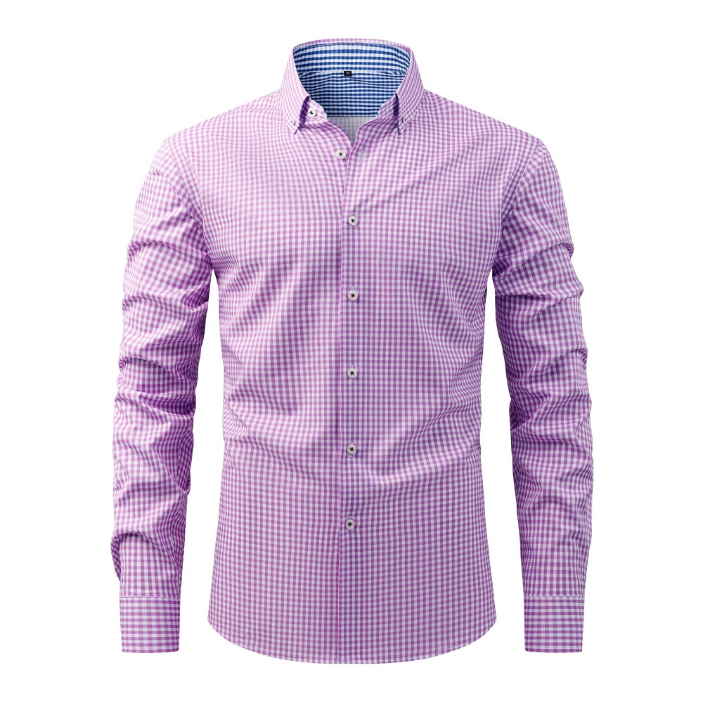 Camisas de vestir a cuadros estampadas formales de negocios mangas largas elásticas informales para hombre - Imagen 14 de 19