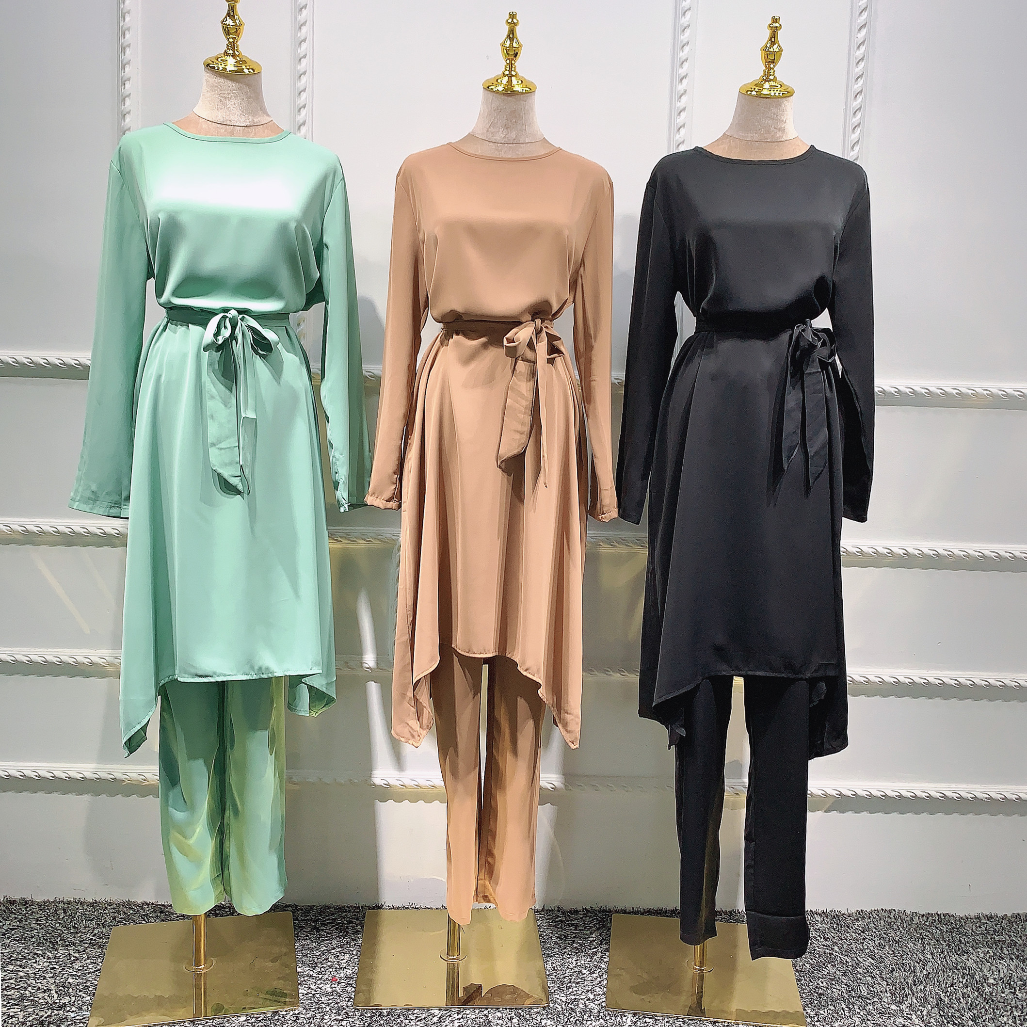 2PCS Casual Long Tunic Tops Dress Elastic Waist Pants Muslim Women ...