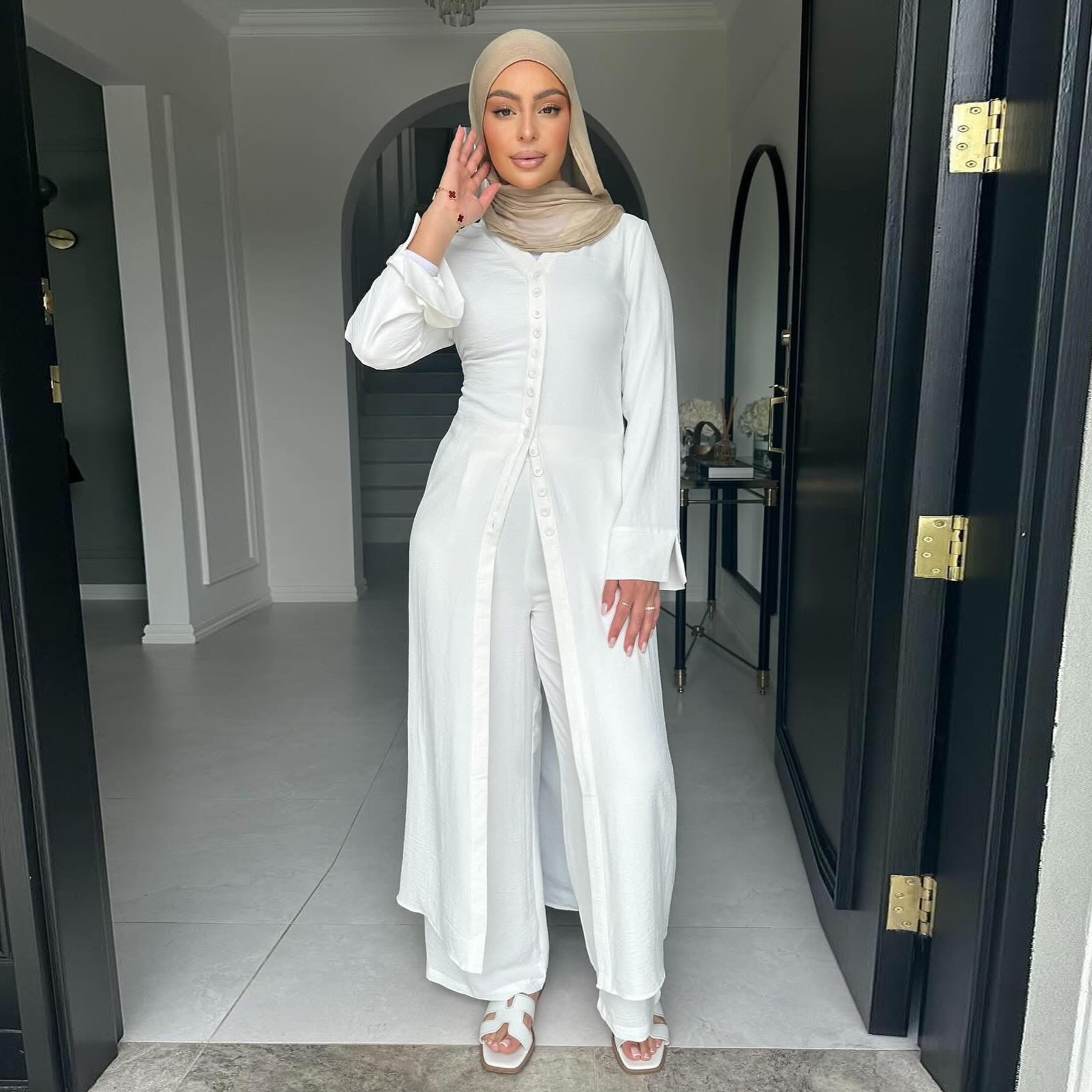 Women Arab Muslim Solid Color Loose Ramadan Tops With Pocket