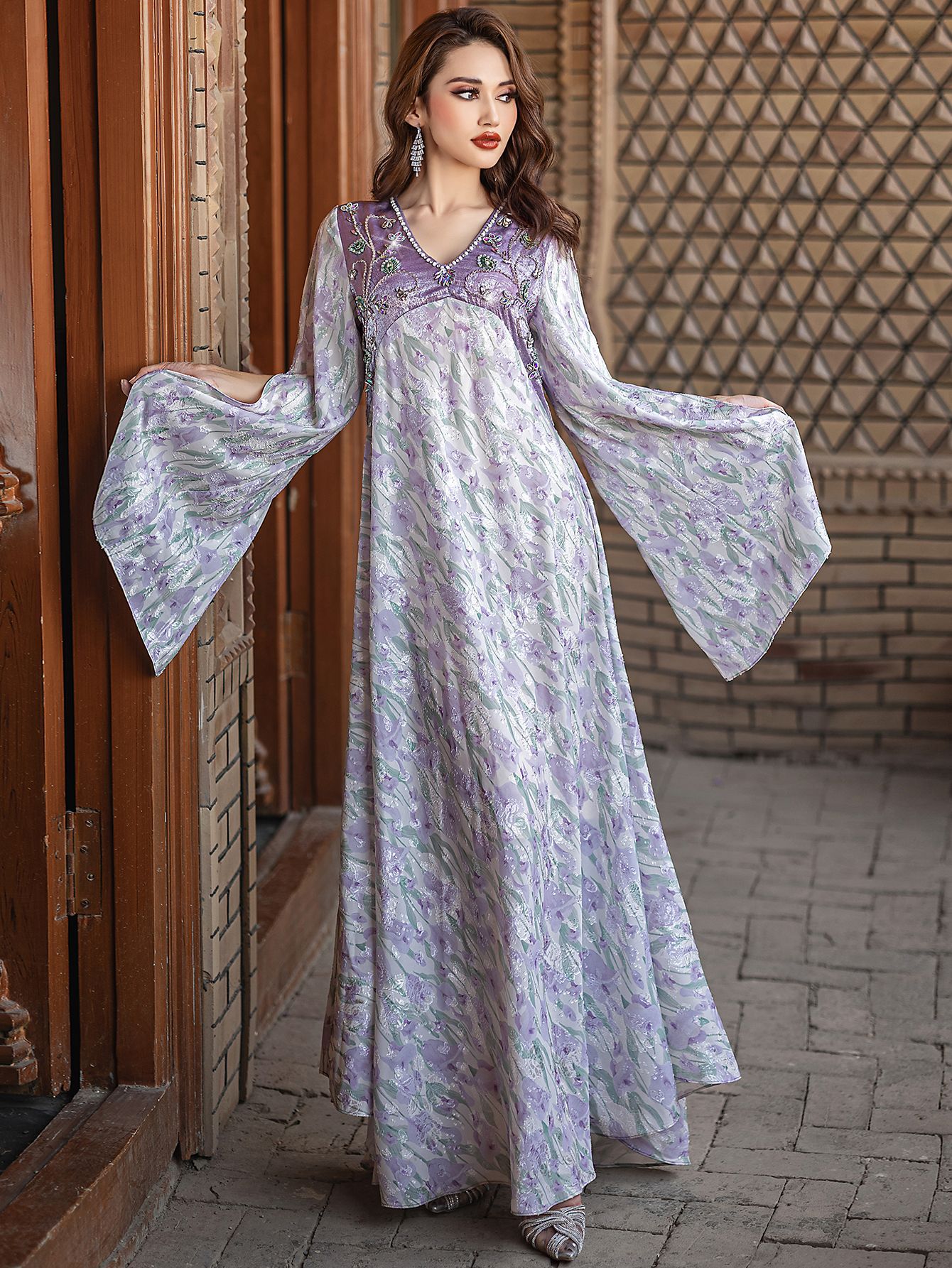 トップス a Eid Islamic Women Kaftan Maxi Muslim Elegant Embroidery Beaded