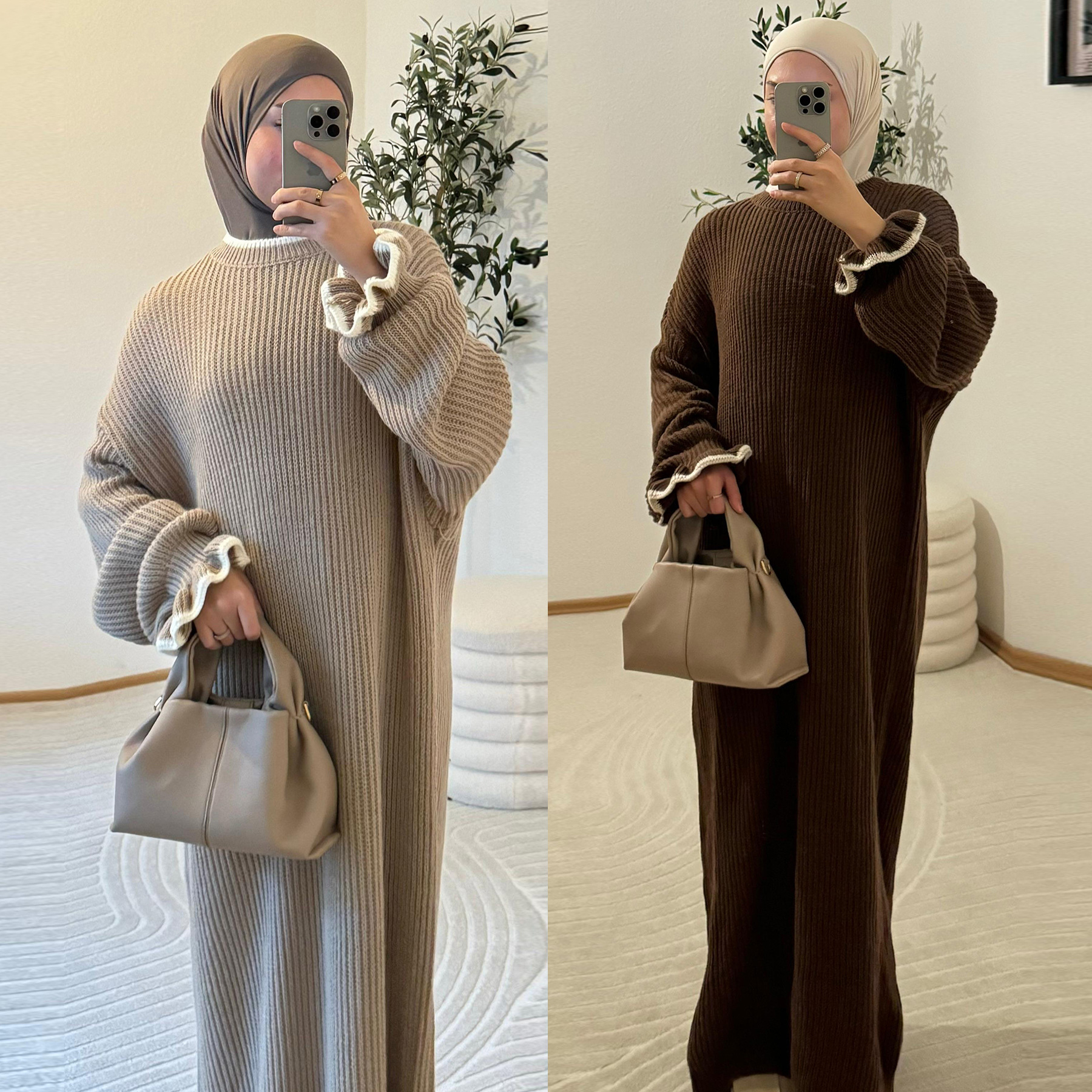 Dubai Turkey Dress Warm Thick Knit Long Skirt Muslim Women Abaya