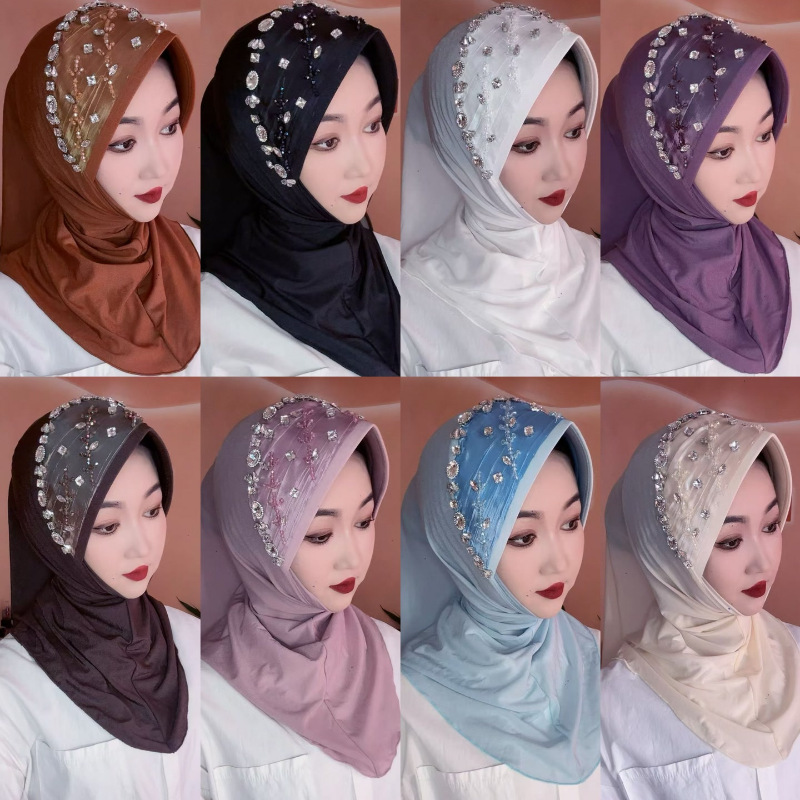 Women Elegant Shawls Rhinestone Beading Hat Instant Hijabs Scarves