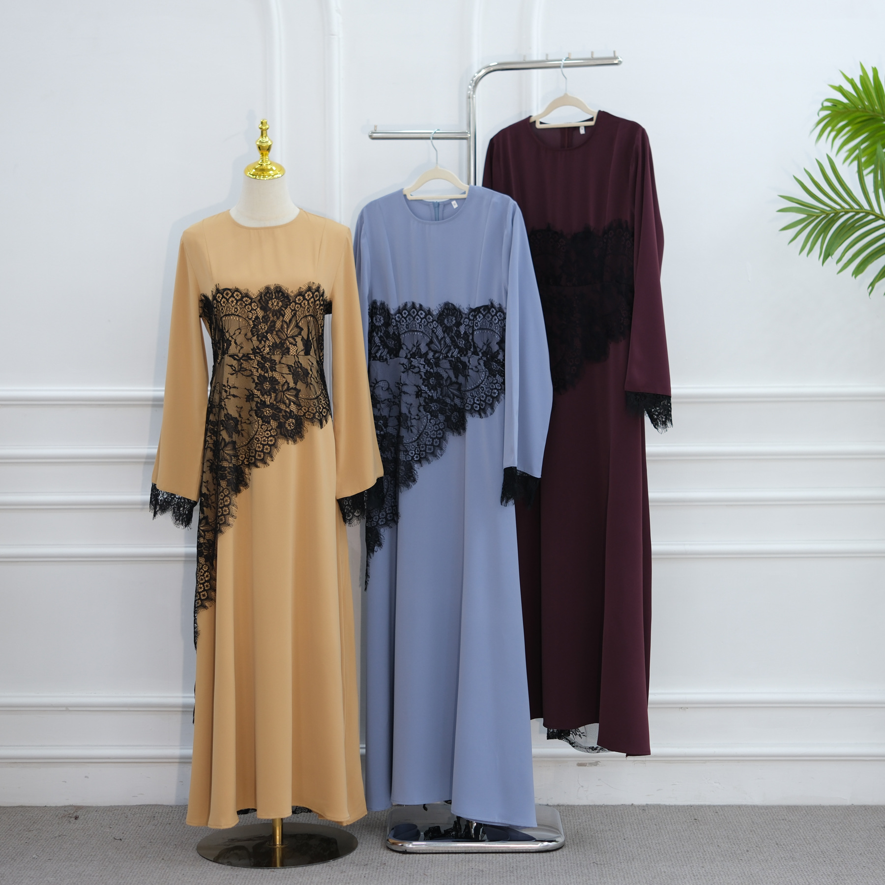 Muslim Women Abaya Large Long Sleeve Lace Splicing Waist Dress